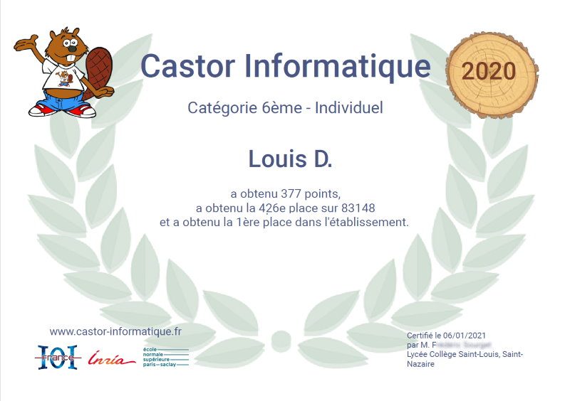 Remise des diplômes de participation au concours Castor Informatique 2020.